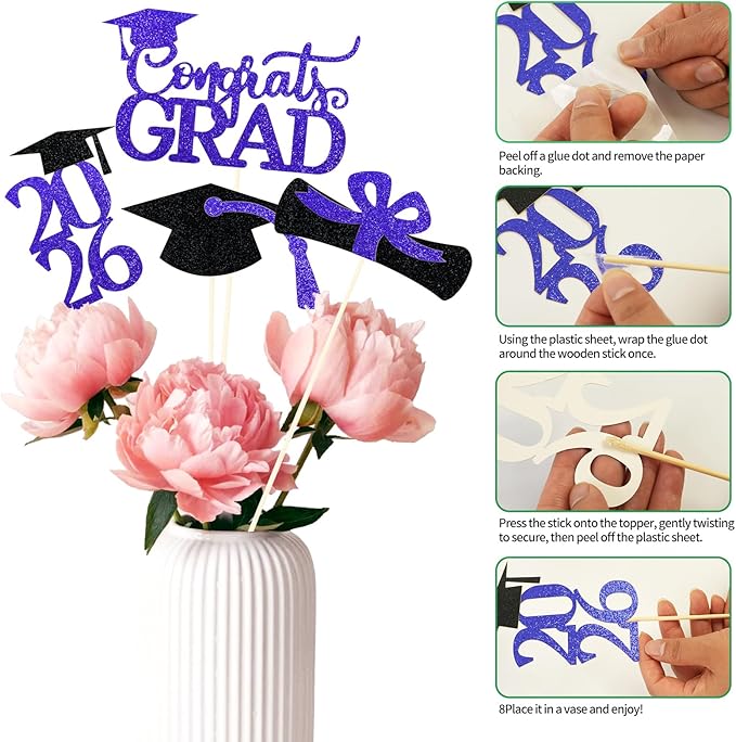 Graduation Decorations 2026, 16 PCS Gold and Blue Double Sided Graduation Centerpieces Sticks Glitter for Tables, Table Toppers Set for Class of 2026 Congrats Grad Party Supplies (Blue)