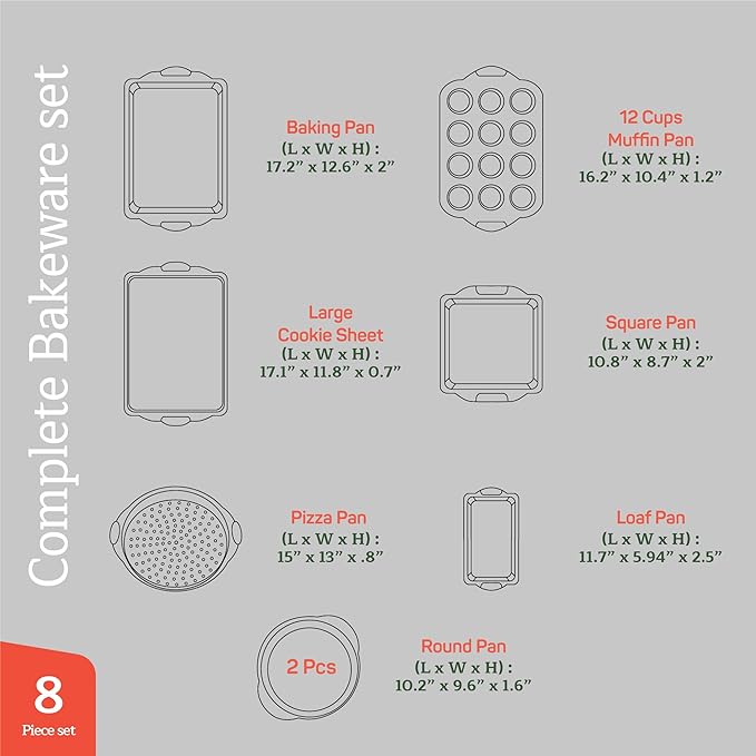 Emporio Kitchen Baking Pan Set - Nonstick Coating, Carbon Steel Bakeware Set with White Silicone Handle, PFOA, PFOS, PTFE Free, Recipe Booklet Included, Oven Safe Tray (Up To 450° F), Set of 8 - White