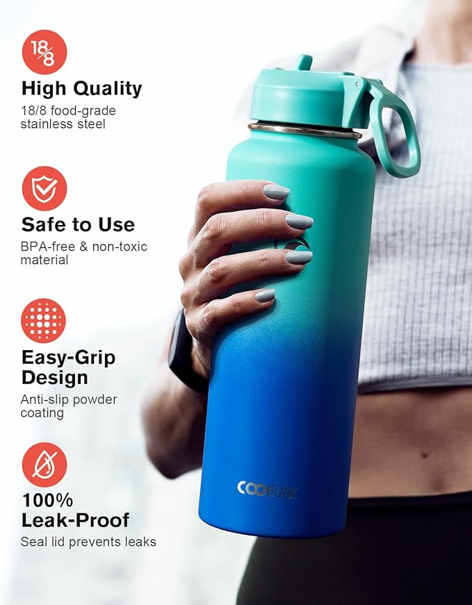 Coolflask Water Bottle 40 oz Insulated with Straw, Stainless Steel Metal 3 Lids Water Flask for Sports or Office, Keep Cold 48H Hot 24H, Pacific Prince