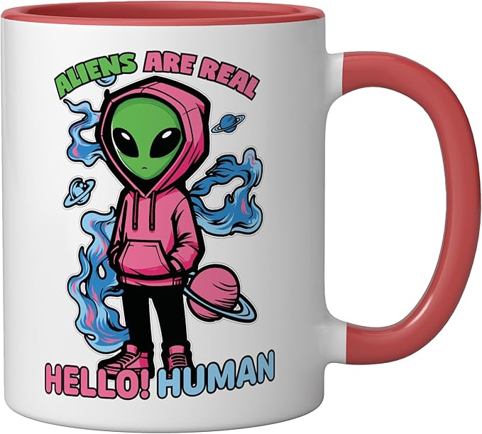 Aliens Are Real UFO Flying Saucer Grey Alien Sci-Fi Art Ceramic Mug, Red/White