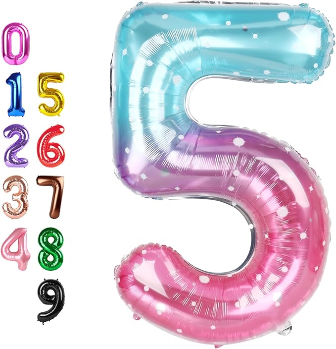 Balloons Number 5, Balloon Numbers for Girls Boys Happy Birthday Decorations, 40 Inch Balloon for 5, 15, 25, 2025 Graduation Wedding Anniversaries Party, Blue and Pink