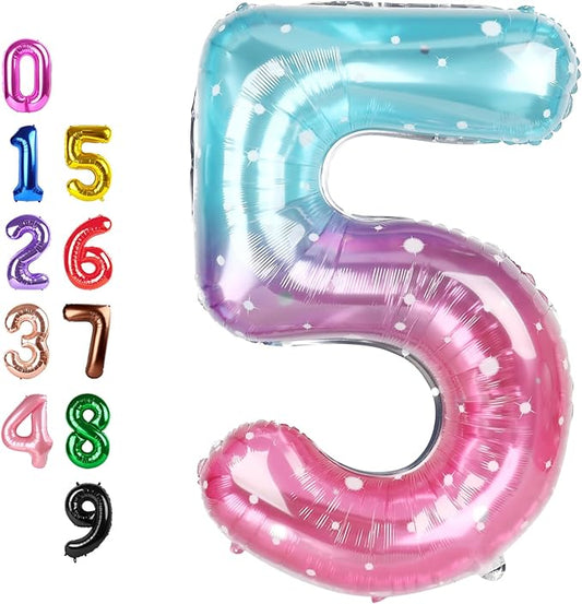 Balloons Number 5, Balloon Numbers for Girls Boys Happy Birthday Decorations, 40 Inch Balloon for 5, 15, 25, 2025 Graduation Wedding Anniversaries Party, Blue and Pink