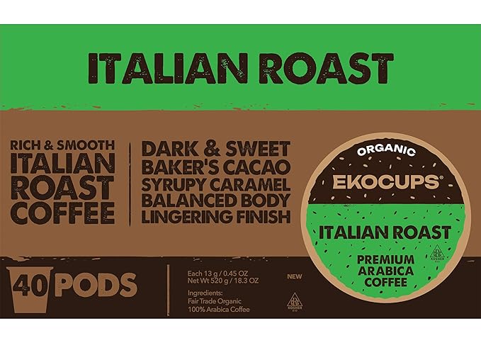 EKOCUPS Organic Italian Roast Coffee Pods, Extra 30% More Coffee Per Cup, Artisan Fair Trade Dark Roast, Italian Roast for Keurig K Cup Machines, Recyclable Pods, 40 Count