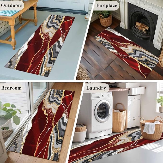 Runner Rug for Bedroom Hallway, Abstract Flowing Marble Fluid Art Kitchen Runner Rugs Area Rug 2x6ft, Red and Gold Lines Washable Soft Floor Carpet for Entryway Stair