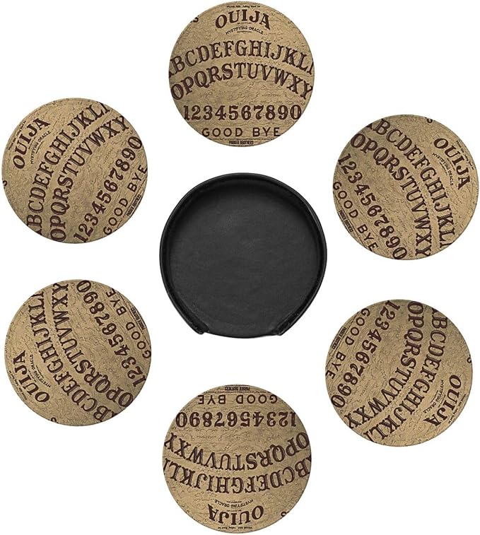 Ouija Board Leather Drinks Coasters with Holder, Set of 6, Suitable for Various Cups