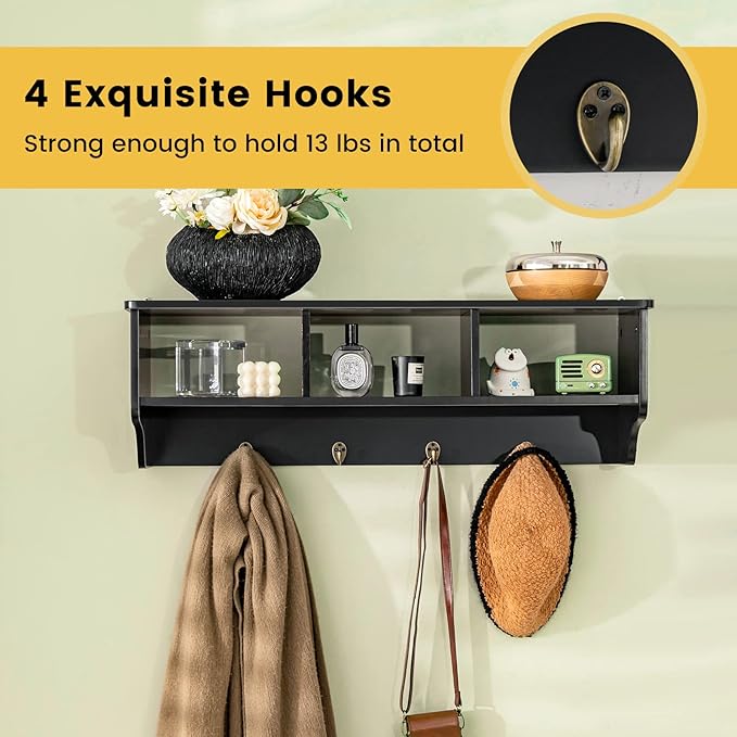 Casart Hanging Shelf Wall Mounted Storage Cabinets W/Hooks for Bedroom, Living Room and Entryway (Black)