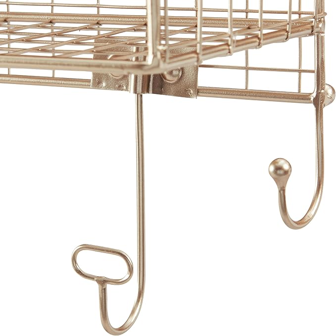 Linon Lanette Gold Metal Four Cubby Wall Shelf with Wood Shelf and Four Hooks