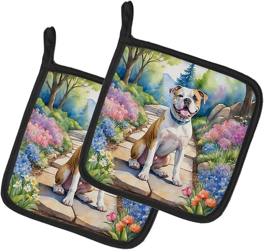 Caroline's Treasures American Bulldog Spring Garden Pair of Pot Holders Kitchen Heat Resistant Pot Holders Sets Oven Hot Pads for Cooking Baking BBQ, 7 1/2 x 7 1/2