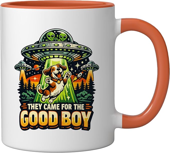 Retro sci-fi dog ufo humor they came for the good boy Ceramic Mug, Orange/White