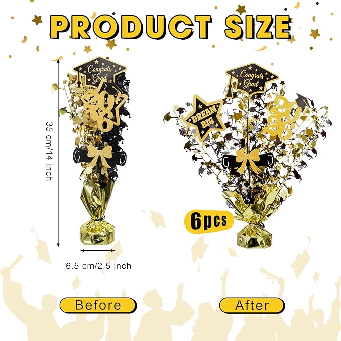 Unittype 6 Pack 2026 Graduation Table Centerpiece Black and Gold Party Decorations Congrats Grad Big Dream Centerpieces for Tables Metallic Foil Spray Centerpiece Glitter Cap Star Table Top Decor
