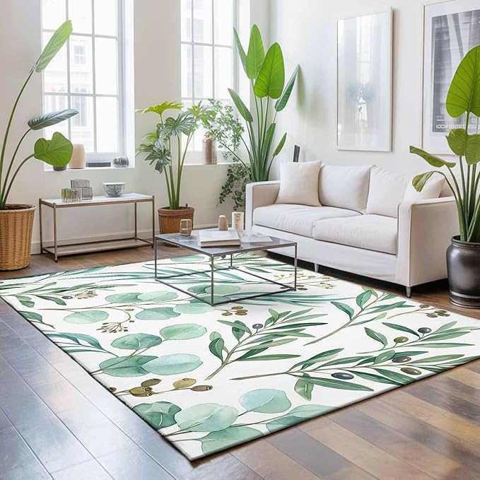 Area Rug 9x12ft, Watercolor Eucalyptus Leaves Washable Rugs for Living Room Bedroom Rectangle Floor Carpet, Spring Green Foliage Branch Soft Non-Slip Area Rugs for Dining Room