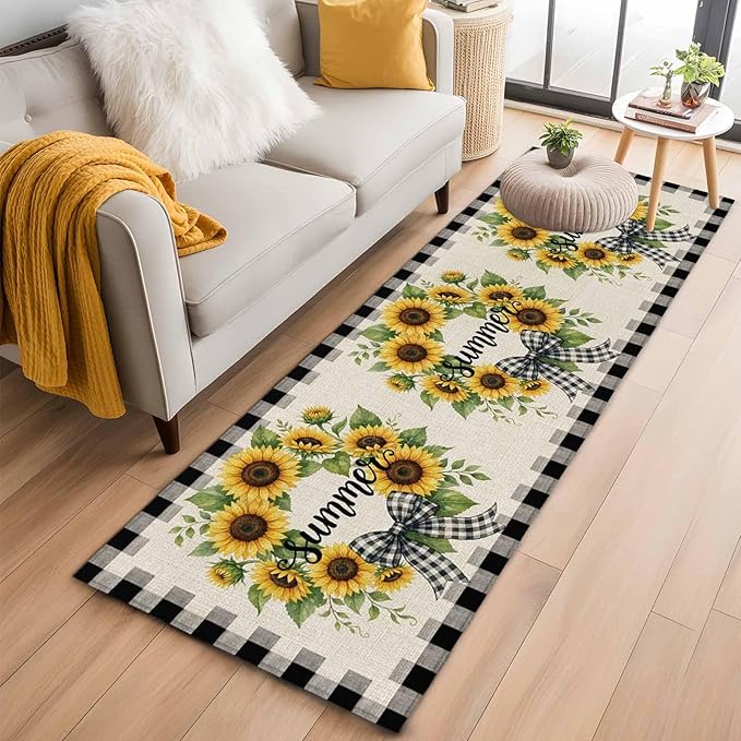 Runner Rug for Bedroom Hallway, Summer Words Farm Sunflowers Kitchen Runner Rugs Area Rug 2x6ft, Butterflies Country Floral Washable Soft Floor Carpet for Entryway Stair