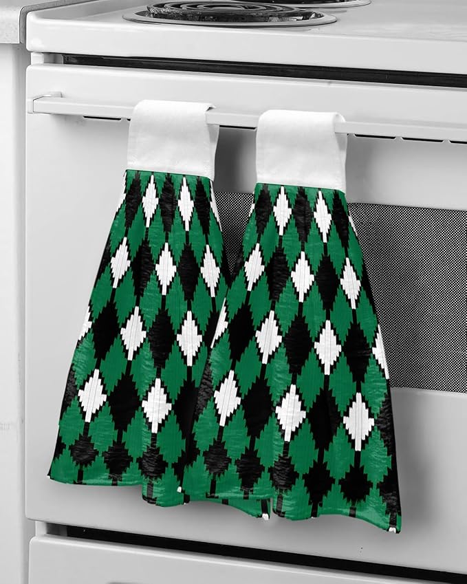 Alandar Home Kitchen Tie Towel Set of 1, Pastoral Style Rhombus Texture Absorbent Soft Hand Towels for Bathroom Hanging Towels, Green White and Black Fast Drying Cleaning Cloth with Loop