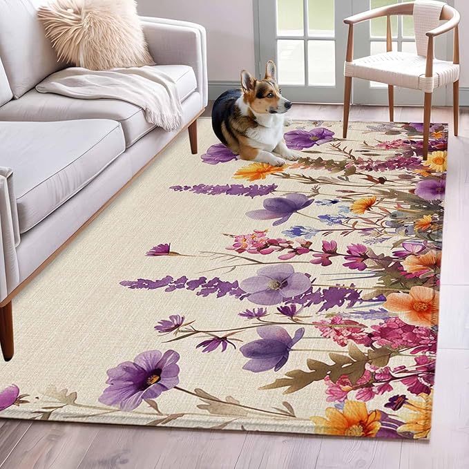 Area Rug 4x6ft, Country Flower Purple Lavender Plant Washable Rugs for Living Room Bedroom, Retro Linen Soft Non-Slip Area Rugs Rectangle Floor Carpet for Dining Room