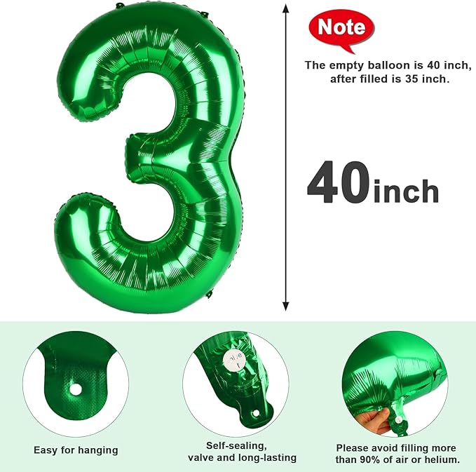 Numbers 3 Balloons Dark Green Party Decorations for Girl Boys, 40 In Big Three Balloons for Engagement, Wedding, Celebration Party, Graduations, Photo Shoot