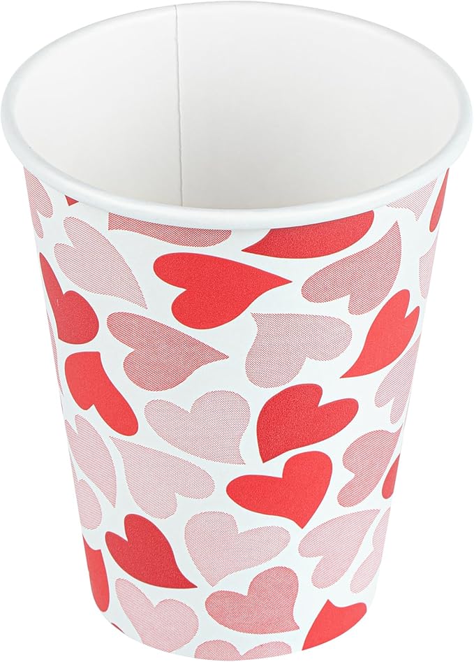 Restaurantware-Restpresso 12 Ounce Disposable Coffee Cups, 20 Valentine’s Day Cups With Plastic Lids - Red And Pink Heart Print, Rolled Rim, Paper To Go Cups, Single Wall, Serve Hot And Cold Drinks