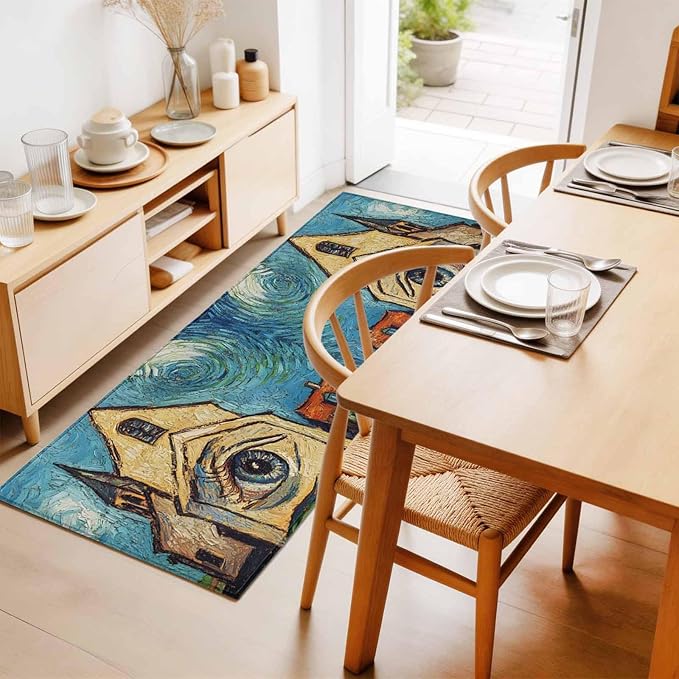 Runner Rug for Bedroom Hallway, Abstract Farmhouse Starry Night Eye Kitchen Runner Rugs Area Rug 2x6ft, Rustic Oil Painting Art Washable Soft Floor Carpet for Entryway Stair