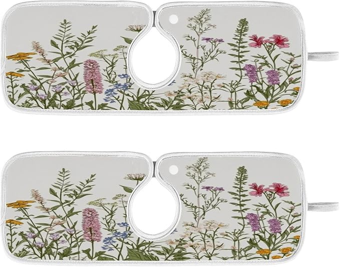 Kitchen Faucet Absorbent Mat, Herbs Wild Flowers Plant Water Splash Guard for Sink, Faucet Drip Catcher Thicken Sponge Microfiber Faucet Water Catcher Mat Sink Absorbent Mat for Kitchen 14x5in 2 Pack