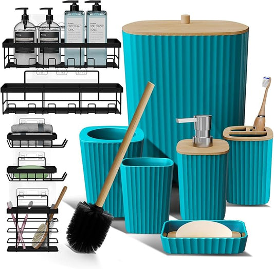 Clara Clark Bathroom Set - Teal Bathroom Accessories Set, 6PC Bathroom Accessory Set, Bathroom Sets with Adhesive Corner Shower Caddy Hanging, Toilet Brush, Trash Can & Soap Dispenser