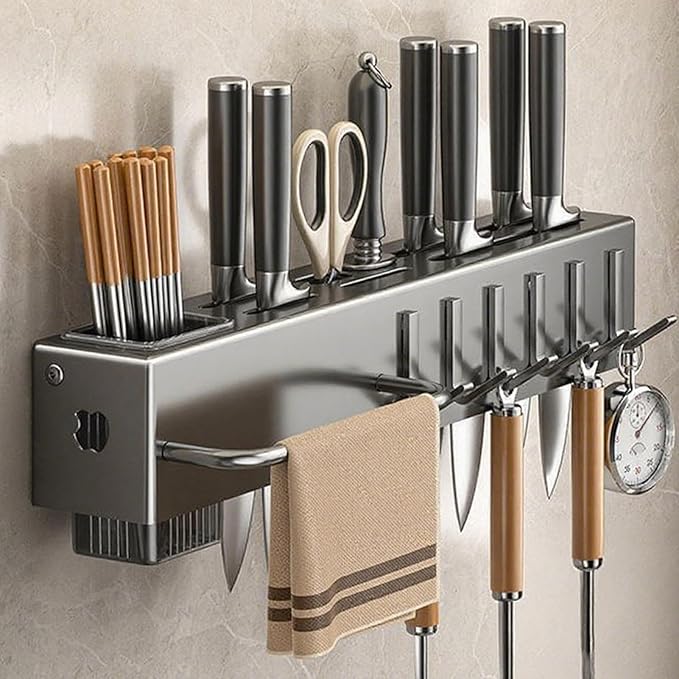 Wall Utensil Rack, Hanging Cutlery Organizer, Storage Kitchen Fixture, No-Borer Hook Hanger, Cooking Tool Spatula Spoon Holder, Home Accessory for Towel, Pan, Pot