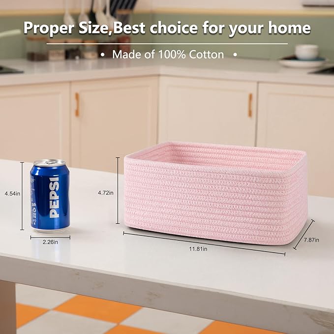 OIASKET 4 Pack Small Storage Shelf Baskets for Organizing, Mini Woven Rope Storage Bins for Towels, Cute Decorative Closet Organizer，Baby Nursery, Gift Empty Baskets -11.81''Lx7.87''Wx4.72''H-Pink
