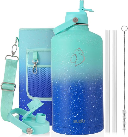 BUZIO 1 Gallon Water Jug with Straw Lid, 128oz Water Bottle Stainless Steel Triple Wall Hydro Jug 18/8 Food Grade Thermo Mug Keep Cold 48H & Hot 24H, Starry Gradient Blue