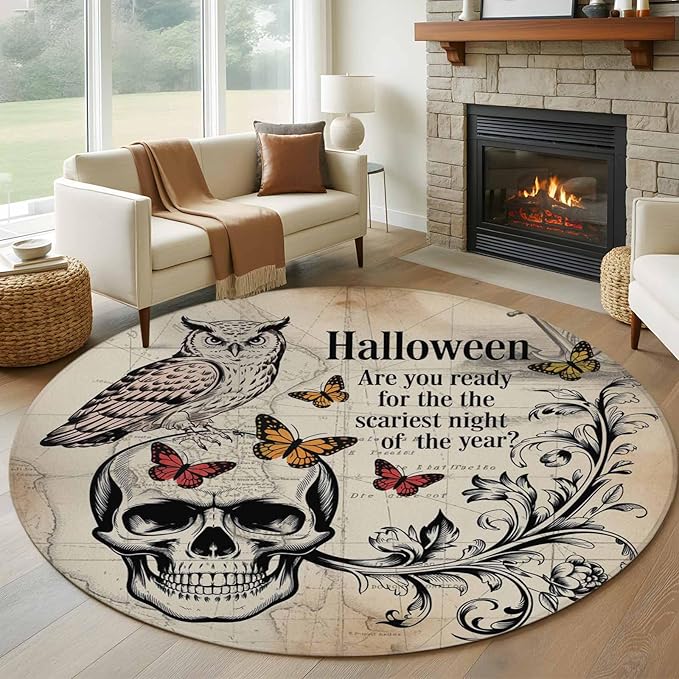 Washable Round Area Rug Halloween Skull Owls on Vintage Circle Rugs Floor Carpet for Living Room Bedroom, Retro Butterflies Flower Soft Non Slip Round Rug 5ft