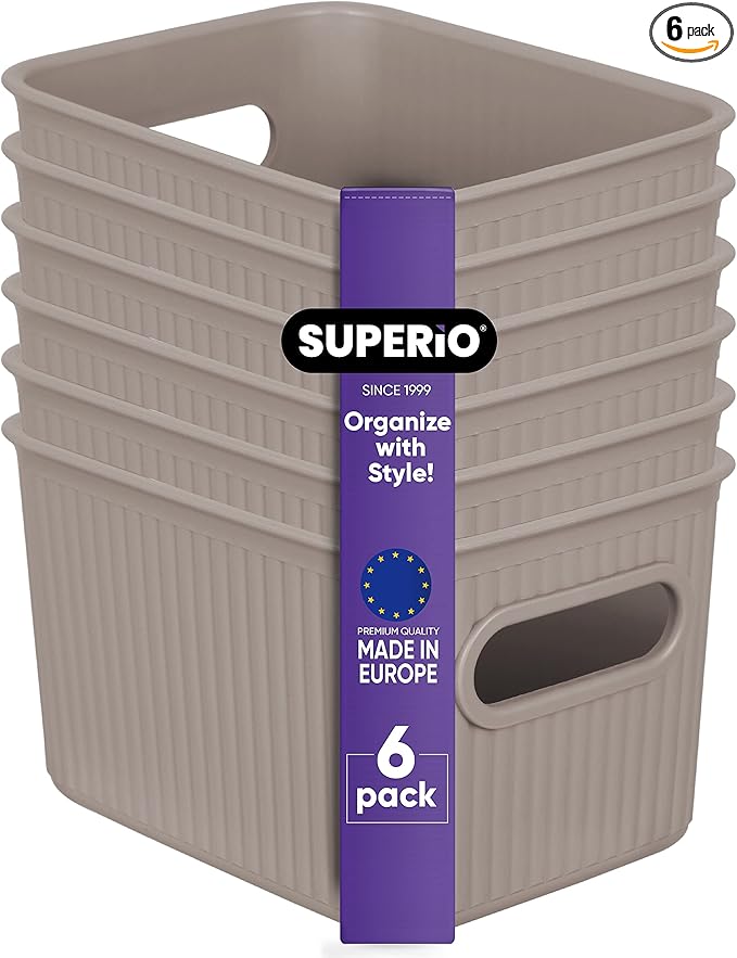 Superio Ribbed Collection - Decorative Plastic Basket Open Home Storage Bins Organizer, Small Taupe (6 Pack) Container Boxes for Organizing Closet Storage Bins for Shelves Drawer Shelf 1.5 Liter