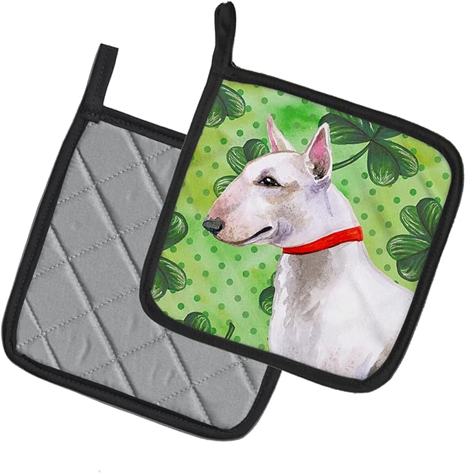 Caroline's Treasures BB9867PTHD Bull Terrier St Patrick's Pair of Pot Holders, Green Kitchen Heat Resistant Pot Holders Sets Oven Hot Pads for Cooking Baking BBQ, 7 1/2 x 7 1/2