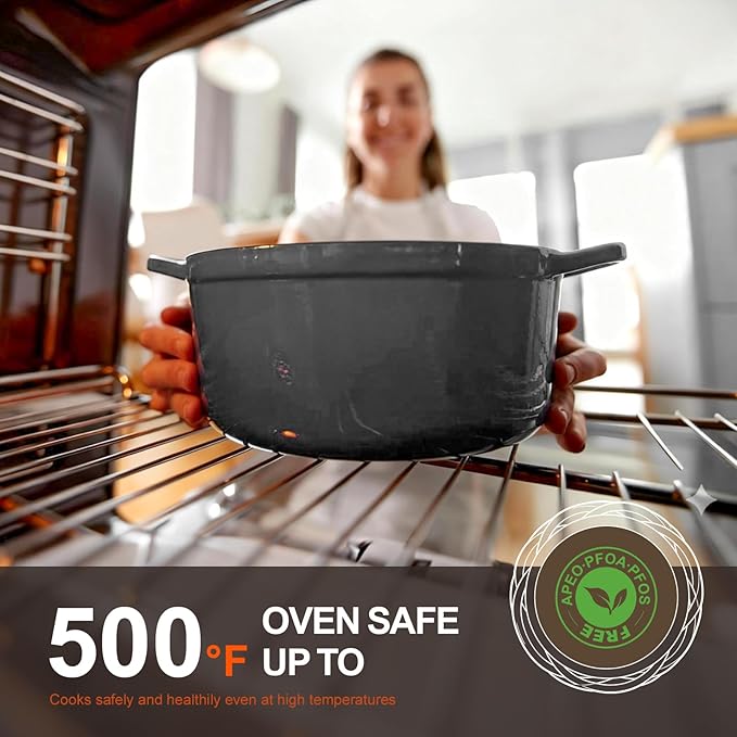 Overmont Enameled Cast Iron Dutch Oven - 5.5QT Pot with Wide Handles Lid Cookbook & Cotton Potholders - Heavy-Duty Pre-Seasoned Cookware Oven Safe to 500°F for Braising, Stews, Roasting, Sourdough Baking Grey
