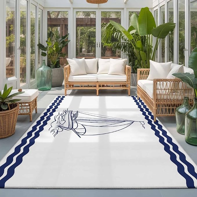 Area Rug 3x5ft, Summer Ocean Nautical Sailboat Washable Rugs for Living Room Bedroom, Marine Theme Navy Blue Stripe Soft Non-Slip Area Rugs Rectangle Floor Carpet for Dining Room