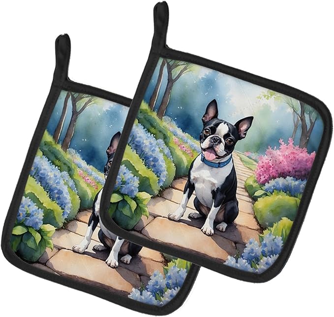 Caroline's Treasures Boston Terrier Spring Path Pair of Pot Holders Kitchen Heat Resistant Pot Holders Sets Oven Hot Pads for Cooking Baking BBQ, 7 1/2 x 7 1/2