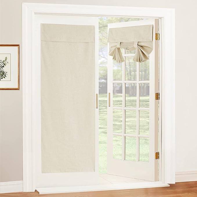 RYB HOME 100% Blackout Tricia Door Curtains, Linen Textured Blend Thermal Insulating Privacy French Door Window Tie Up Shades Living Room Curtains for Kitchen, W 30 x L 80 inches, Beige, 1 Panel