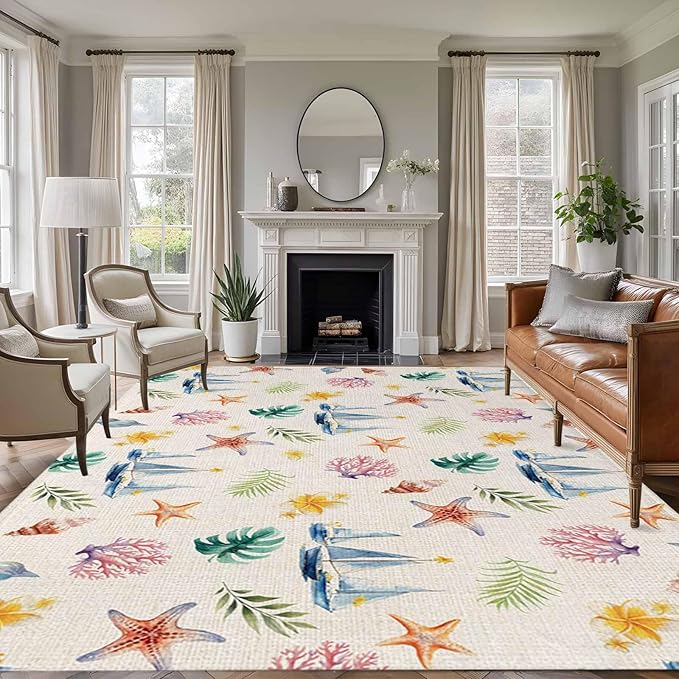 Area Rug 9x12ft, Summer Sea Starfish Sailboat Washable Rugs for Living Room Bedroom Rectangle Floor Carpet, Marine Life Coral on Linen Soft Non-Slip Area Rugs for Dining Room
