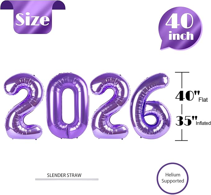 2026 Balloon Numbers - 40 Inch Purple New Years Eve Party Supplies 2026, Nye Decor Party Decorations Happy New Year, New Years Eve Foil Party Balloons, Graduation Party Decorations