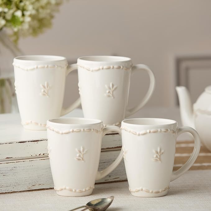 Heritage Beads Stoneware Mug Set of 4 – Classic Ivory Coffee & Tea Cups with Embossed Bead Rim & Sprig Detail – Elegant Everyday Farmhouse Mugs for Hot Beverages