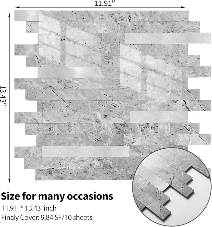 Yipscazo 1 Sheet Peel and Stick Stone Metal Tile Backsplash, Stick on Tiles for Backsplash Kitchen, Bathroom, Laundry Room, Camper, Fireplace (12'' X 12'', Polished Gray)