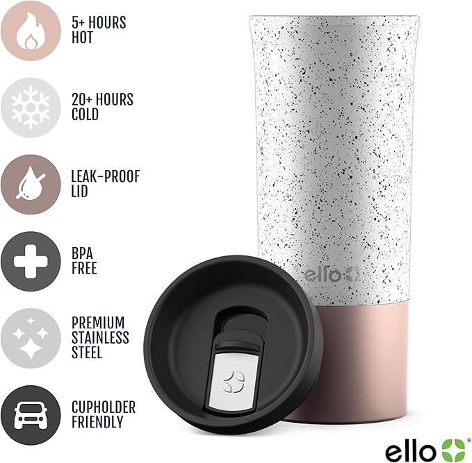 Ello Miri 16oz Vacuum Insulated Stainless Steel Travel Mug, Leak-Proof Slider Lid, Keeps Hot for 5 Hours, Perfect for Coffee or Tea, BPA-Free, Fits Most Cupholders, Holiday Gift, Speckle