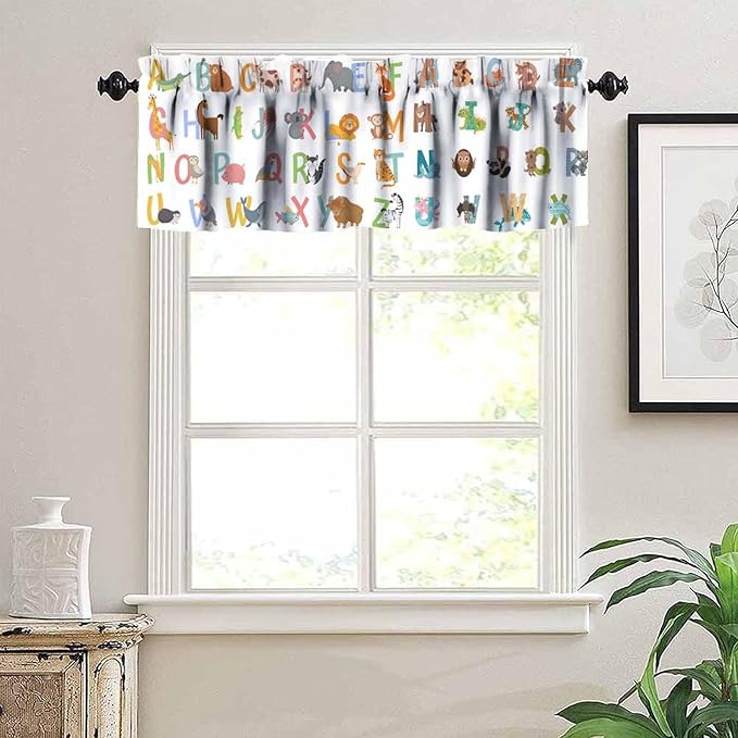 Alphabet ABC Valance Curtain, Cute Cartoon Animals Educational Tool Small Window Drapes for Kitchen Bedroom Nursery Classroom Decor, 54x18Inch