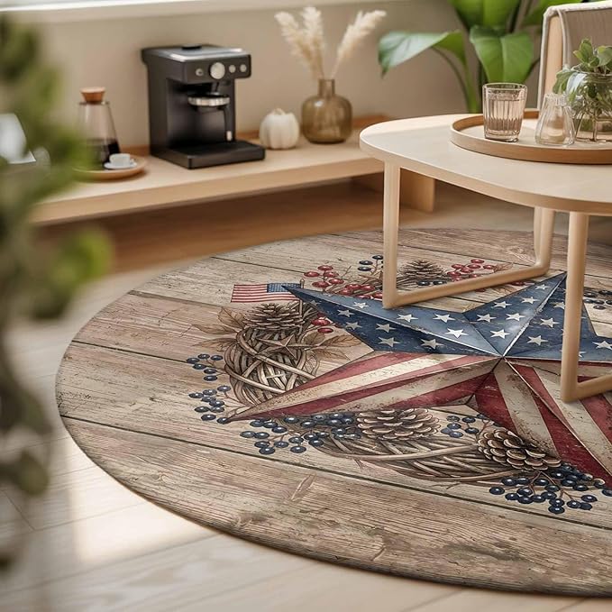 Washable Round Area Rug Independence Day USA Flag Star Circle Rugs Floor Carpet for Living Room Bedroom, Farm Wood Background Soft Non Slip Round Rug 3ft