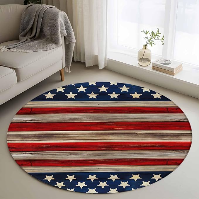 Washable Round Area Rug Vintage Stripes and Stars Circle Rugs Floor Carpet for Living Room Bedroom, Patriotic 250th Anniversary Soft Non Slip Round Rug 4ft