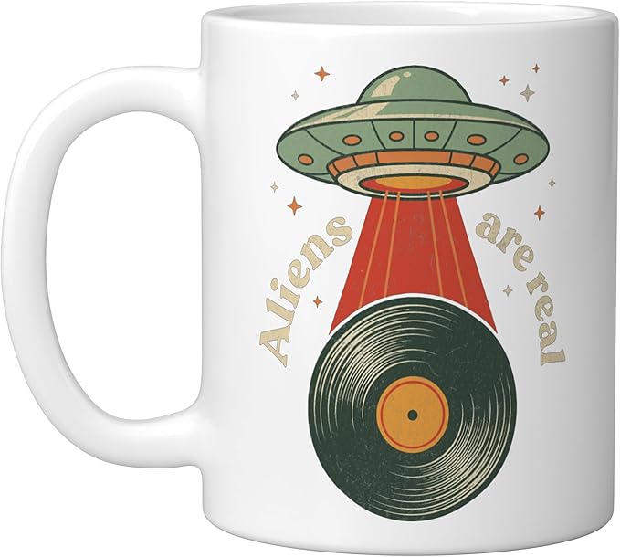 Vintage UFO Abduction Vinyl Record Player Retro Music Lover Ceramic Mug, White