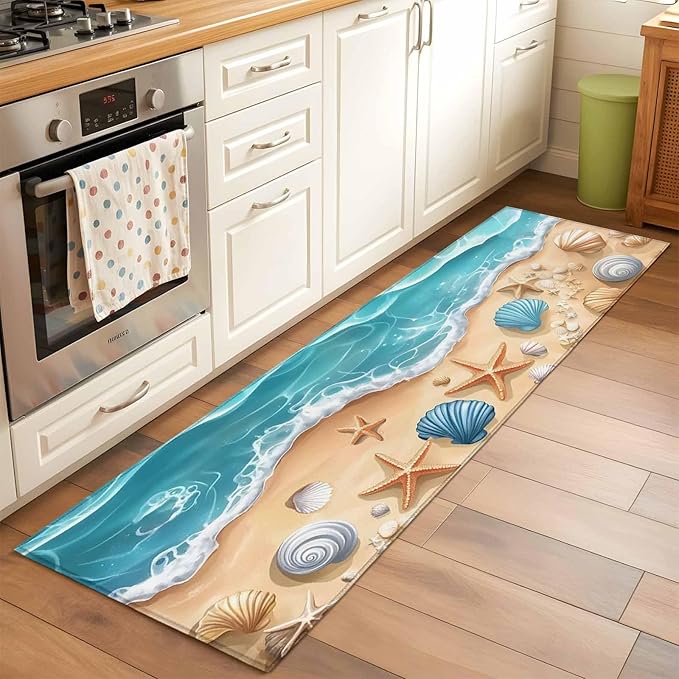 Runner Rug for Bedroom Hallway, Summer Beach Shell Starfish Kitchen Runner Rugs Area Rug 2x6ft, Marine Life Cartoon Style Washable Soft Floor Carpet for Entryway Stair