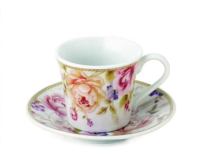 Set of 6 Espresso Cups 2oz. On Metal Stand-Pink and Ivory Flower