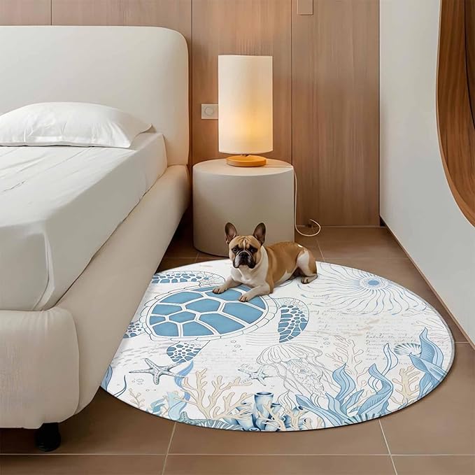 Washable Round Area Rug Blue Sea Turtles Stars Corals Circle Rugs Floor Carpet for Living Room Bedroom, Vintage Marine Life Soft Non Slip Round Rug 5ft