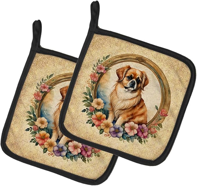 Caroline's Treasures Tibetan Spaniel and Flowers Pair of Pot Holders Kitchen Heat Resistant Pot Holders Sets Oven Hot Pads for Cooking Baking BBQ, 7 1/2 x 7 1/2