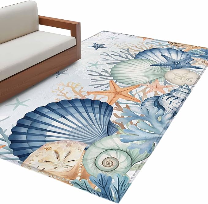 Area Rug 3x5ft, Underwater Shells Starfish on Blue Washable Rugs for Living Room Bedroom, Colorful Coral Soft Non-Slip Area Rugs Rectangle Floor Carpet for Dining Room