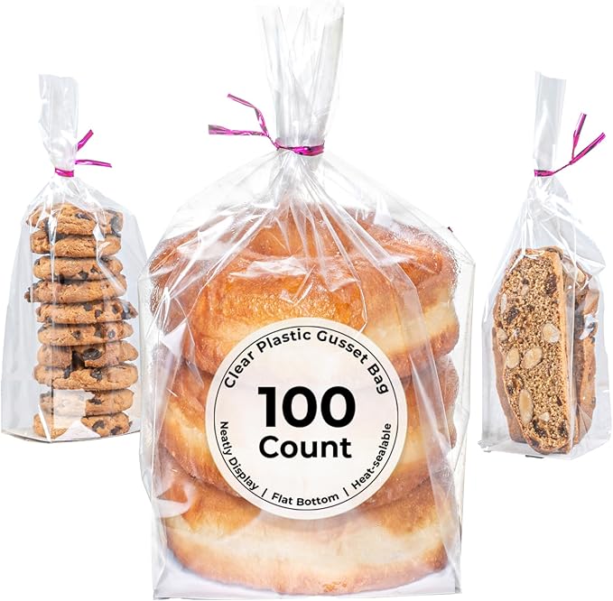 Restaurantware Flat Bottom Heat Seal Sandwich Bags Heat Sealable Food Bags - Gusset Bag with Paper Insert - Clear - 4 x 4 x 9 Inch - 100ct Box - Bag Tek