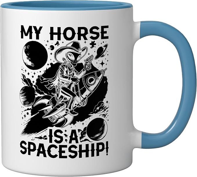 Alien Lover Flying Saucer UFO Extraterrestrial Cowboy Ceramic Mug, Blue/White