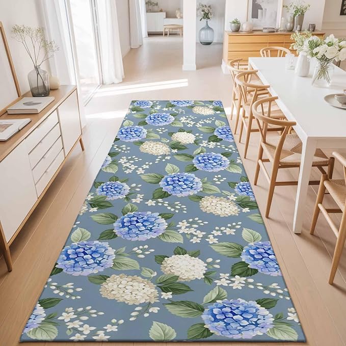 Runner Rug for Bedroom Hallway, Watercolor Purple White Hydrangea Kitchen Runner Rugs Area Rug 2x6ft, Spring Flower on Gray Blue Washable Soft Floor Carpet for Entryway Stair